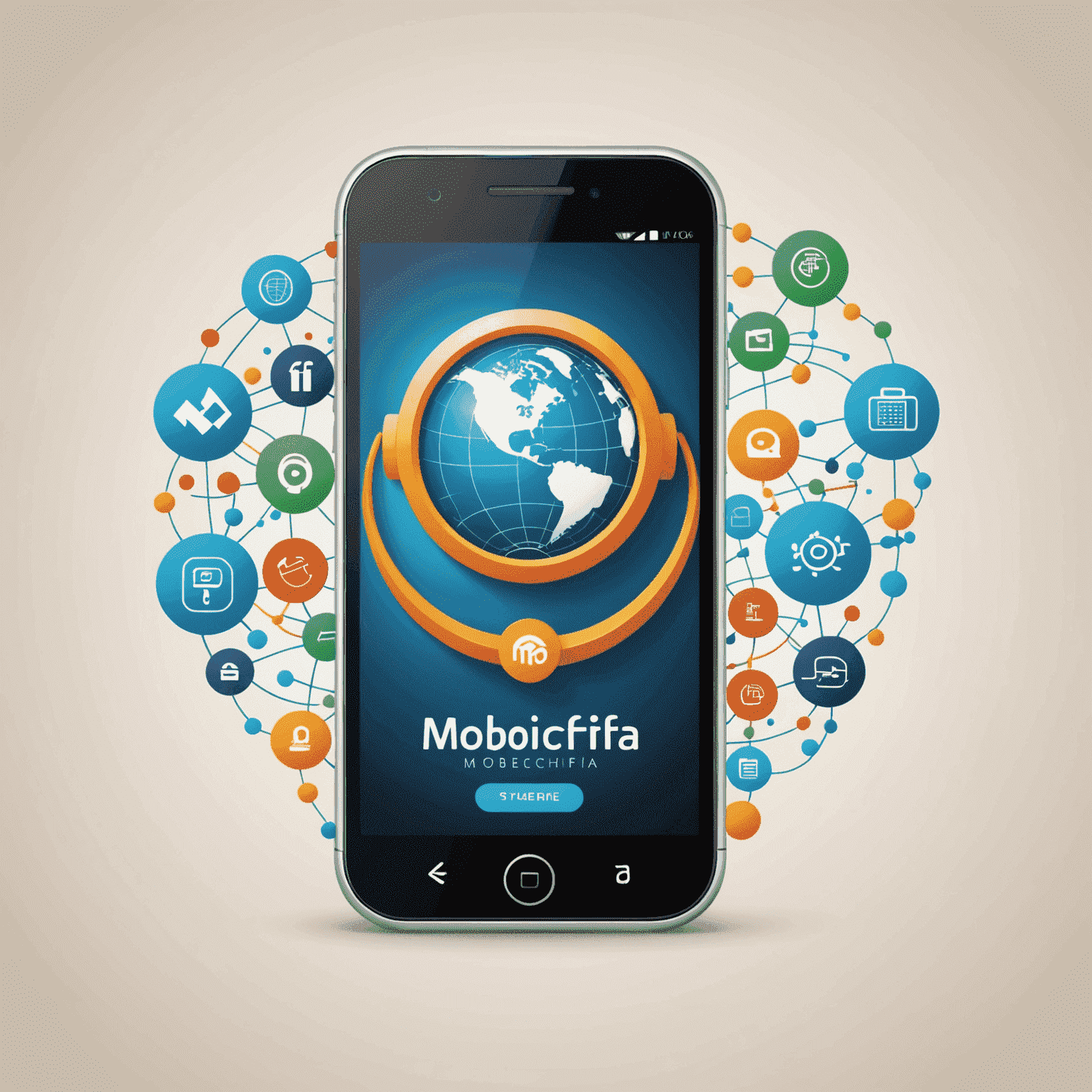 MobiCherifa logo featuring a stylized mobile phone with global connectivity symbols