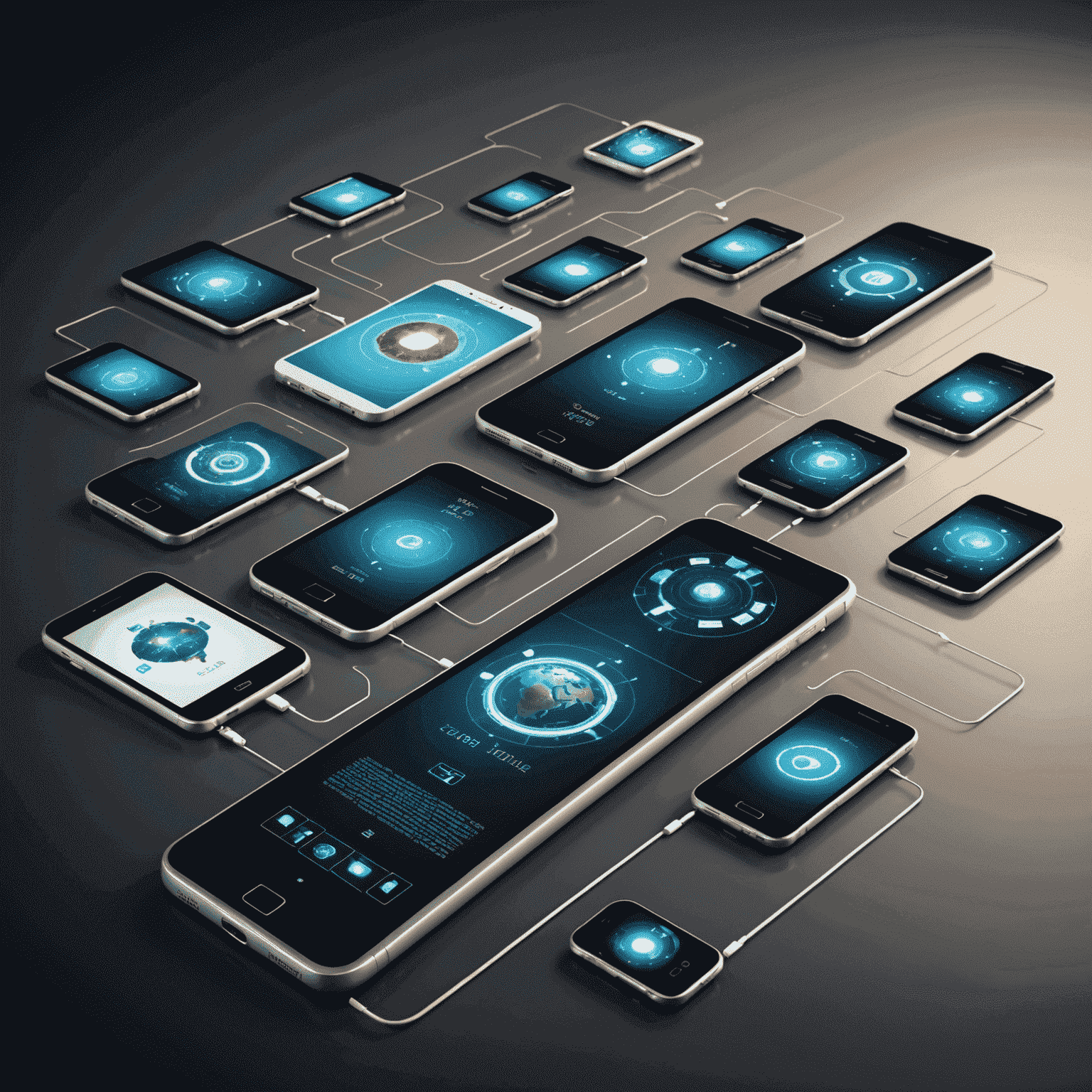 Futuristic mobile devices floating in a digital network, representing global mobile trends and emerging technologies