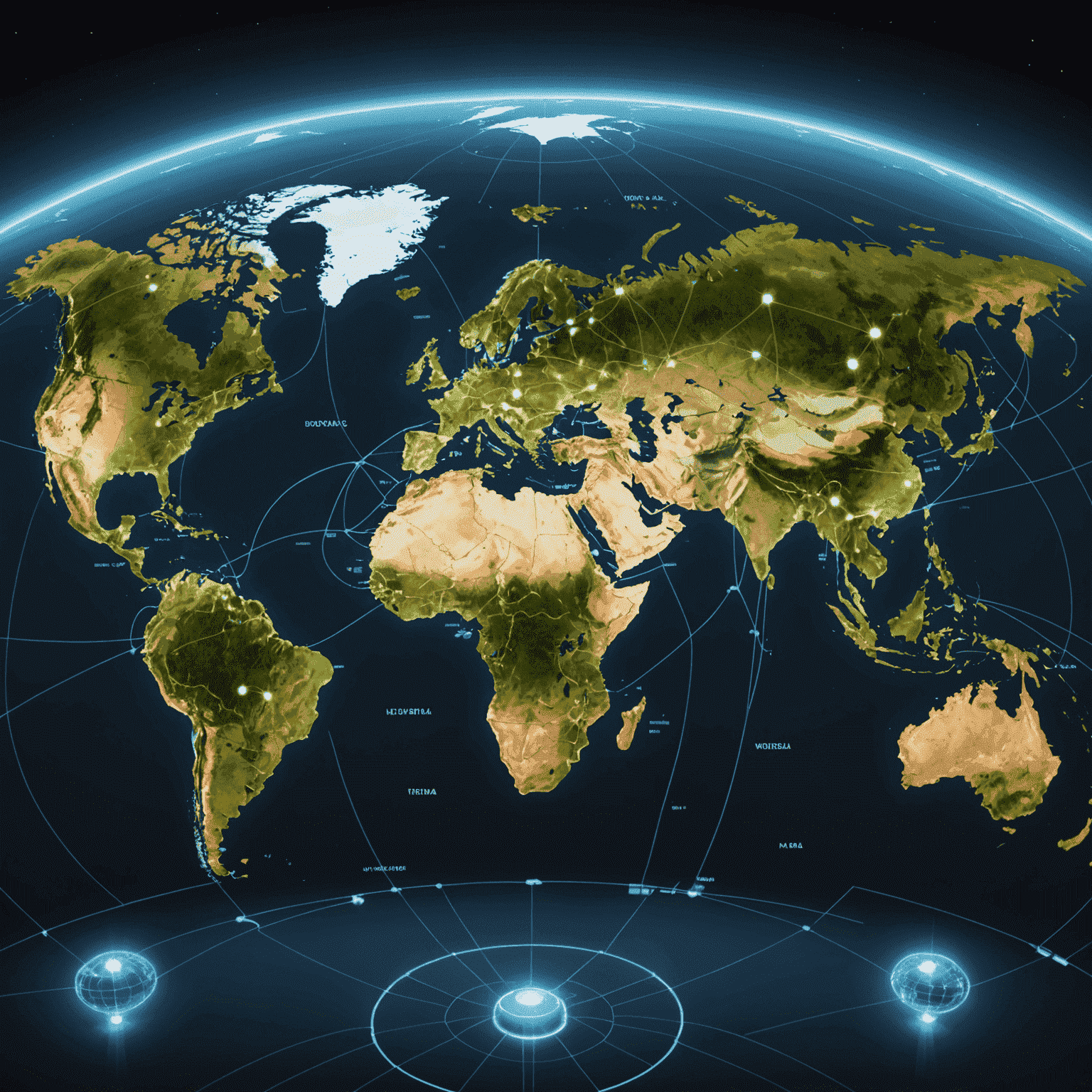 World map showing global network coverage with highlighted connection points and signal strength indicators