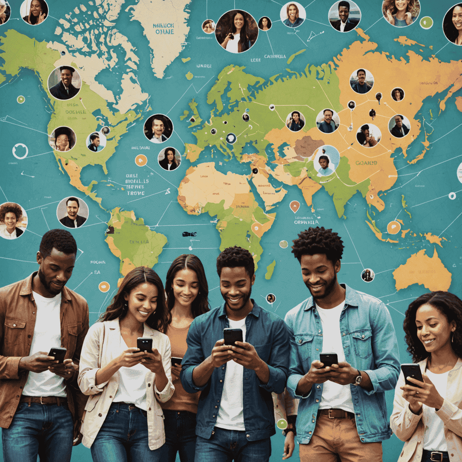 A collage showing people from diverse backgrounds using mobile phones for calls and texting, with a world map overlay indicating global connectivity. The image emphasizes the international reach of the voice and SMS services.