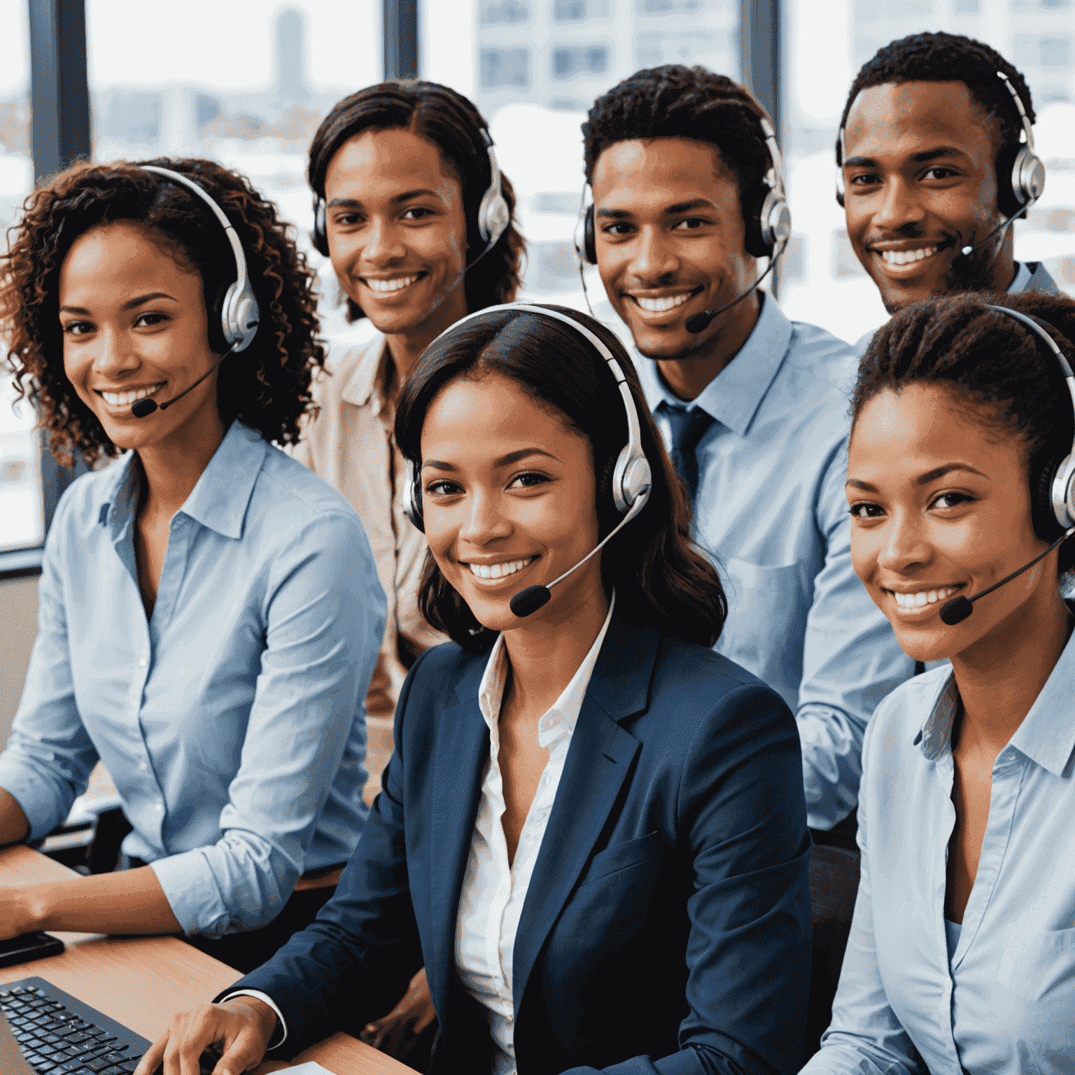 A diverse group of customer support representatives wearing headsets and smiling, ready to assist customers with their device support needs. The image conveys a sense of friendliness and expertise.