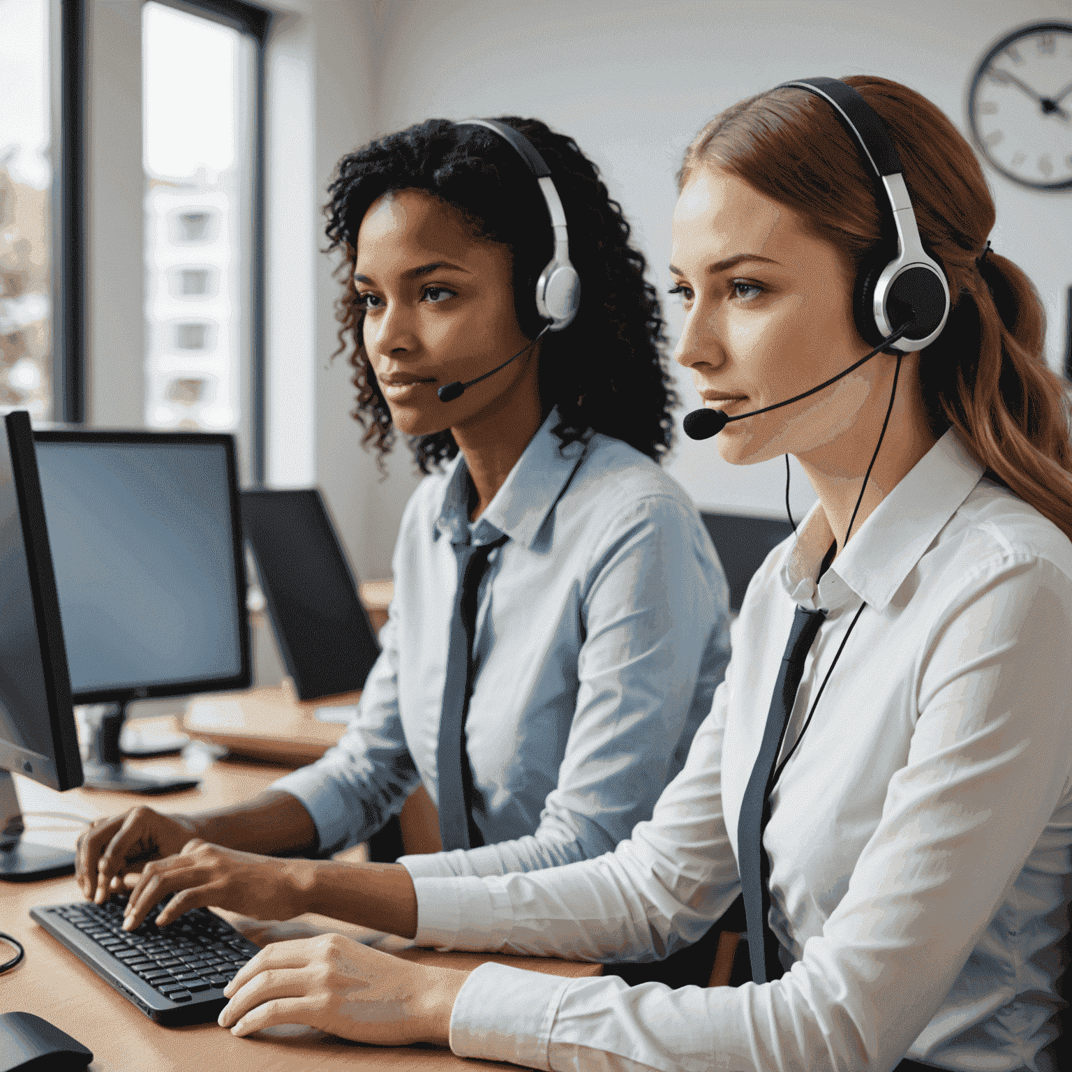 A team of customer support representatives working at their desks with headsets, symbolizing 24/7 customer care for mobile services