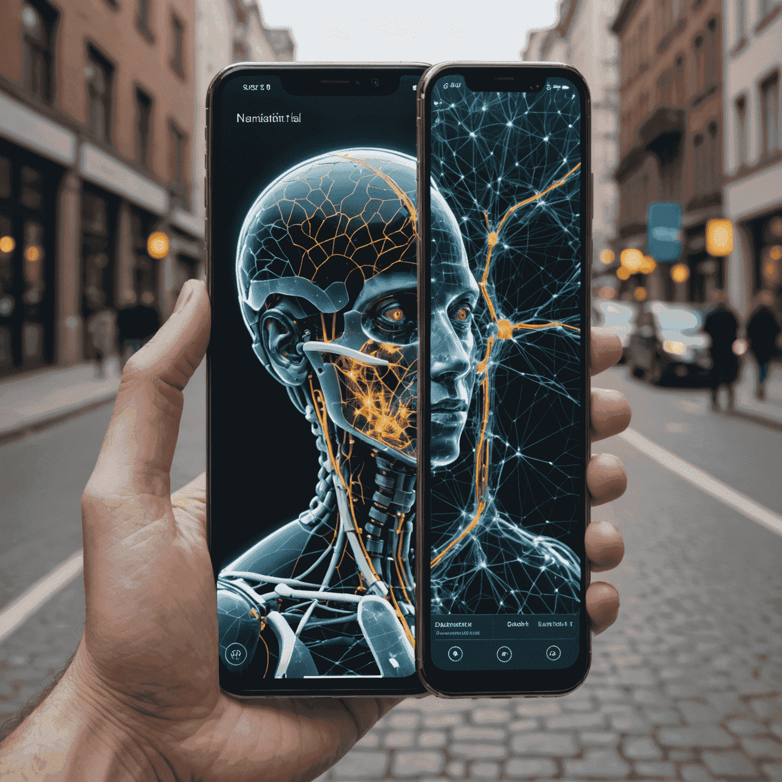 A split-screen image showing a smartphone with AI features highlighted on one side, and intricate neural network visualizations on the other