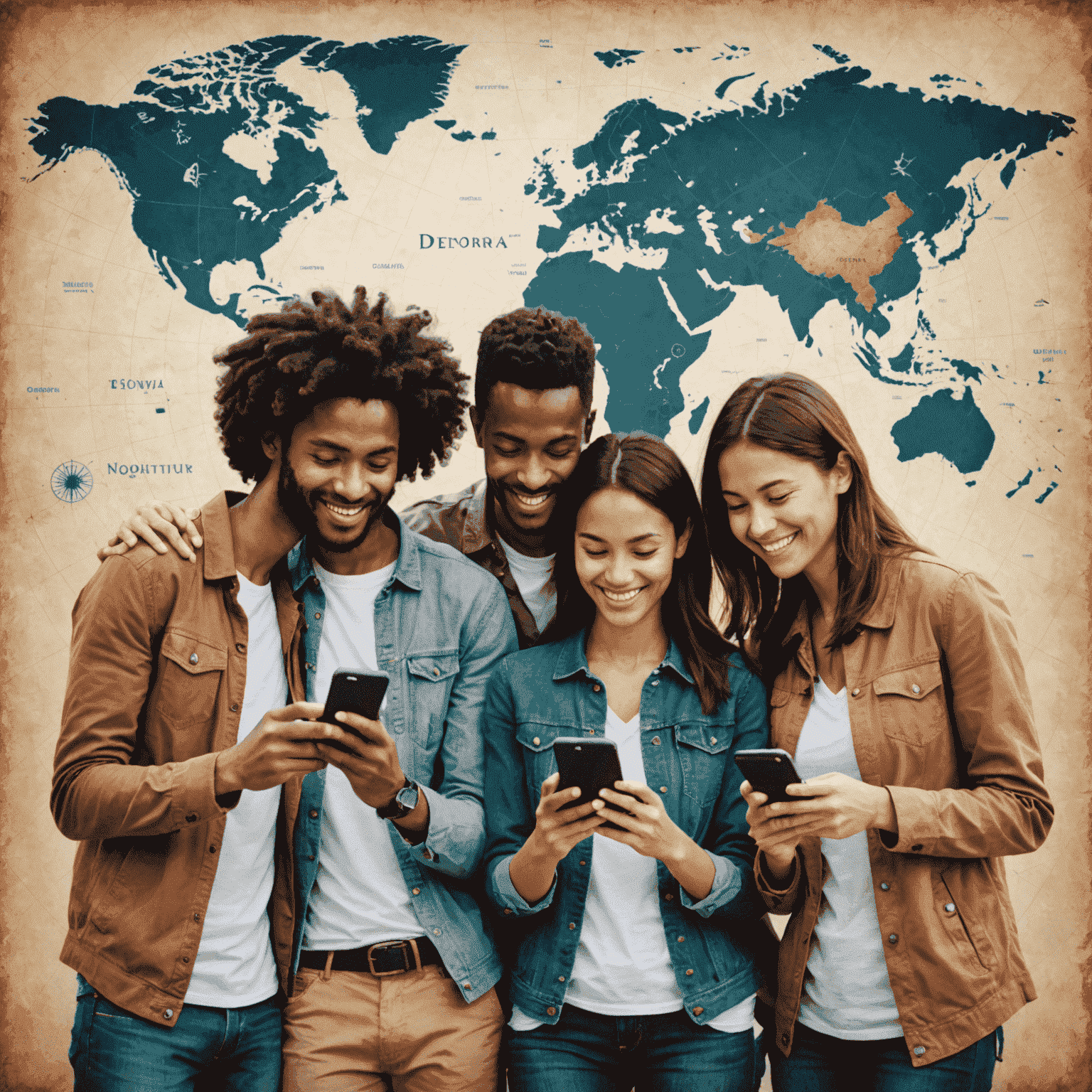 Happy diverse group of people using their mobile phones with a world map background, symbolizing global connectivity