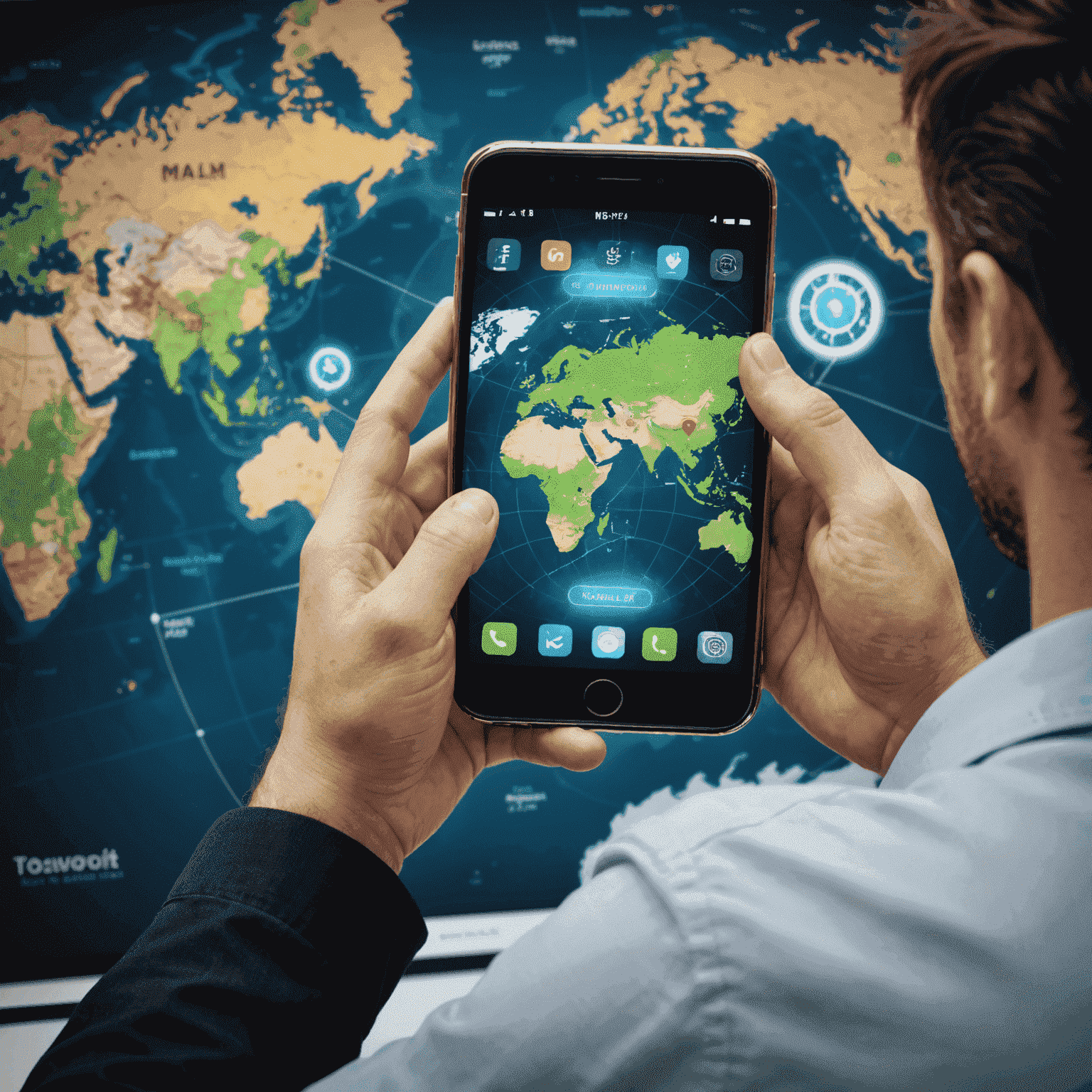 Person using smartphone with world map overlay, showcasing global connectivity and ease of use