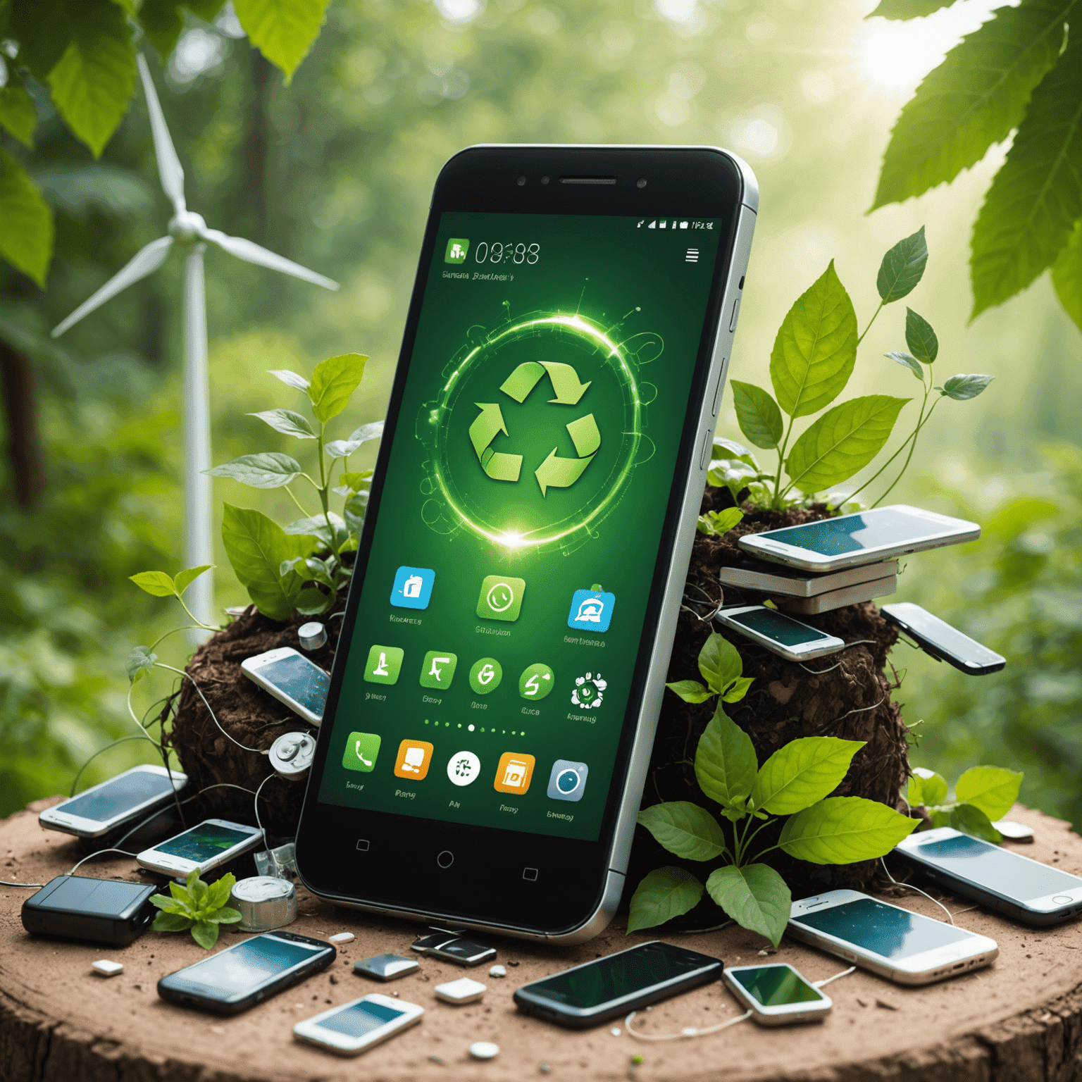 A green smartphone made from recycled materials, surrounded by renewable energy symbols and eco-friendly tech components