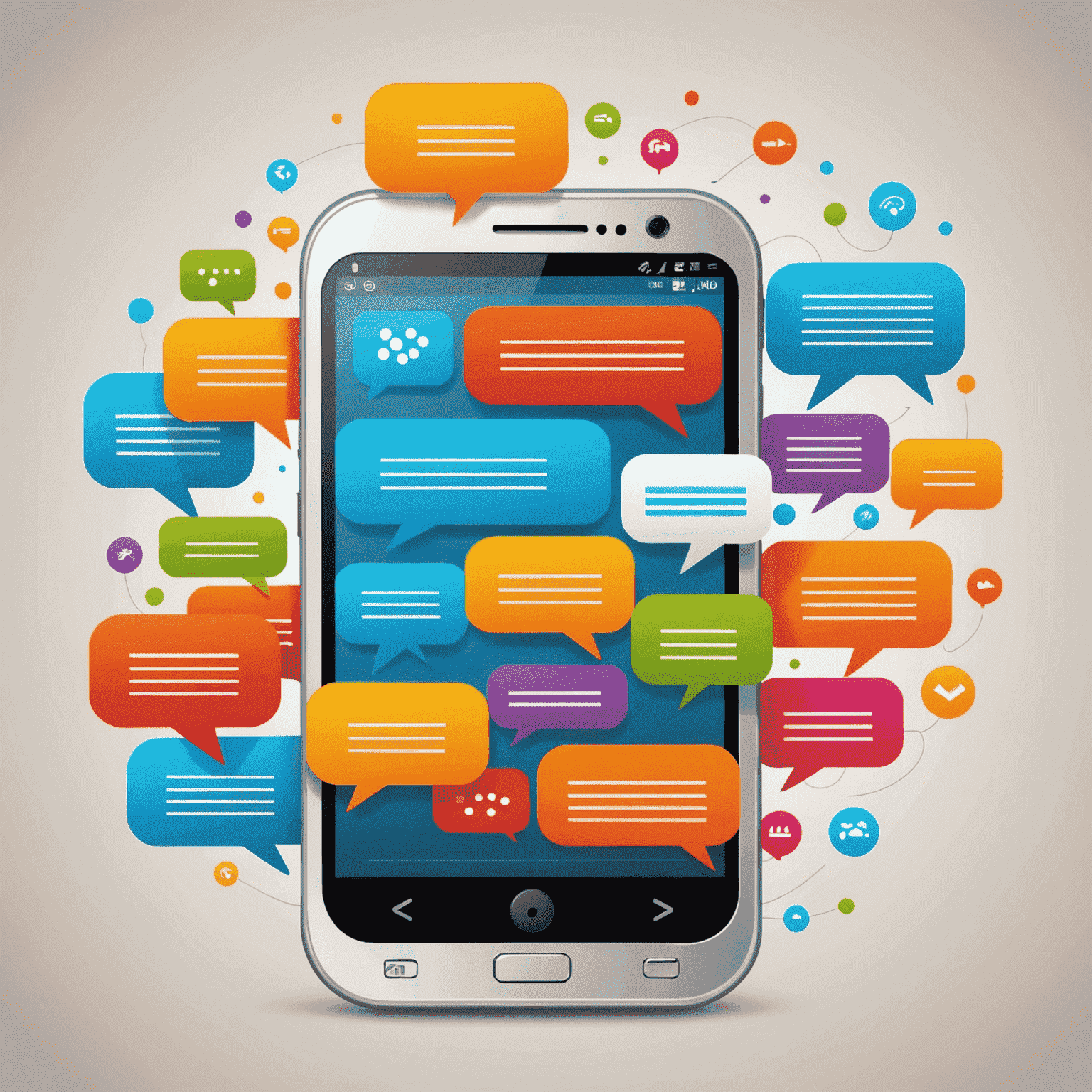 Illustration of a mobile phone with speech bubbles and text messages, representing voice calls and SMS services