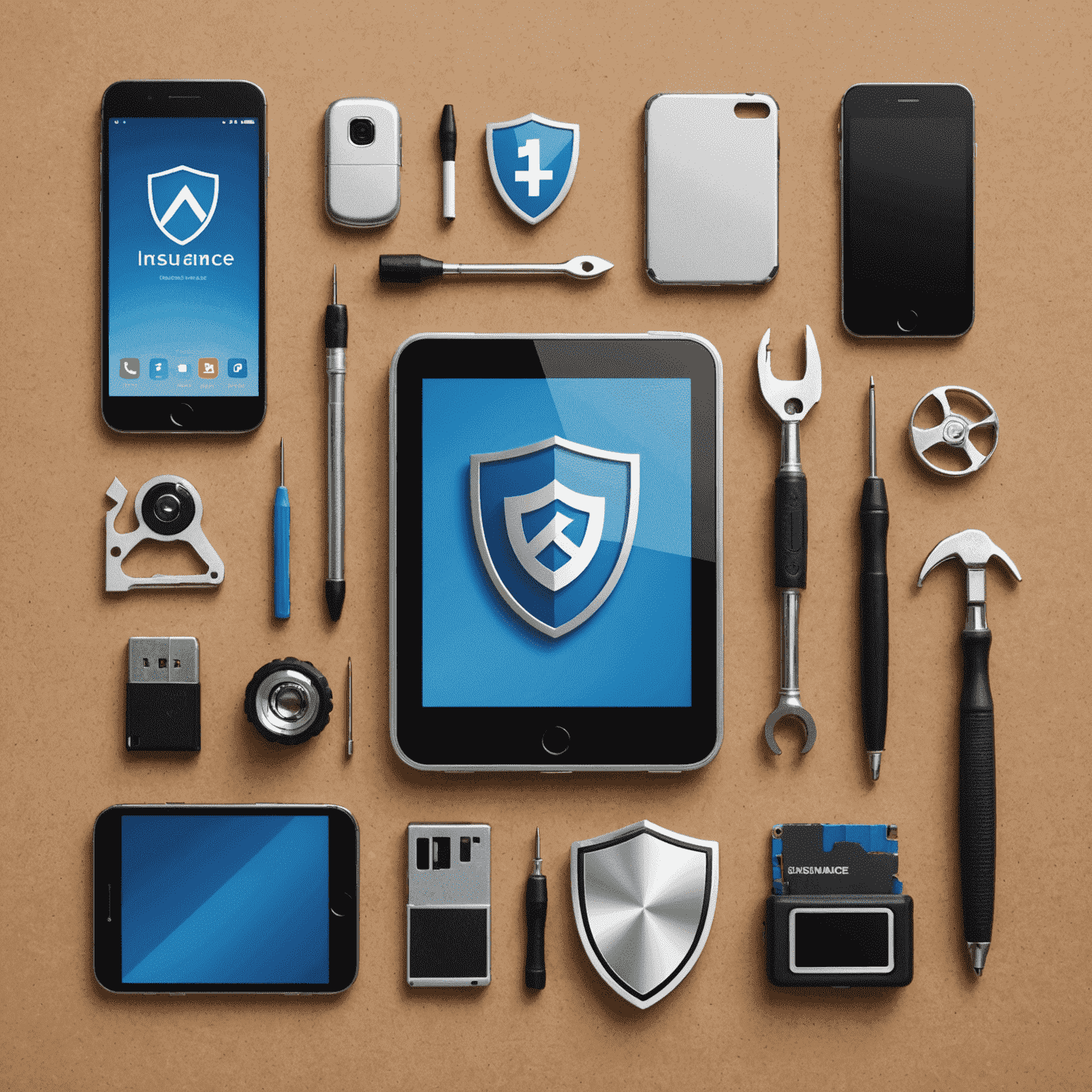 Collage of various mobile devices with repair tools and a shield icon representing device insurance