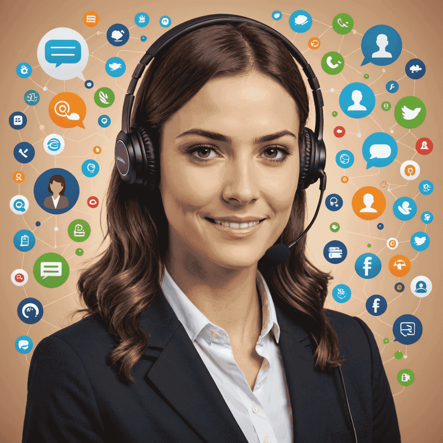 Friendly customer service representative with headset, surrounded by icons representing different support channels like chat, phone, and online resources